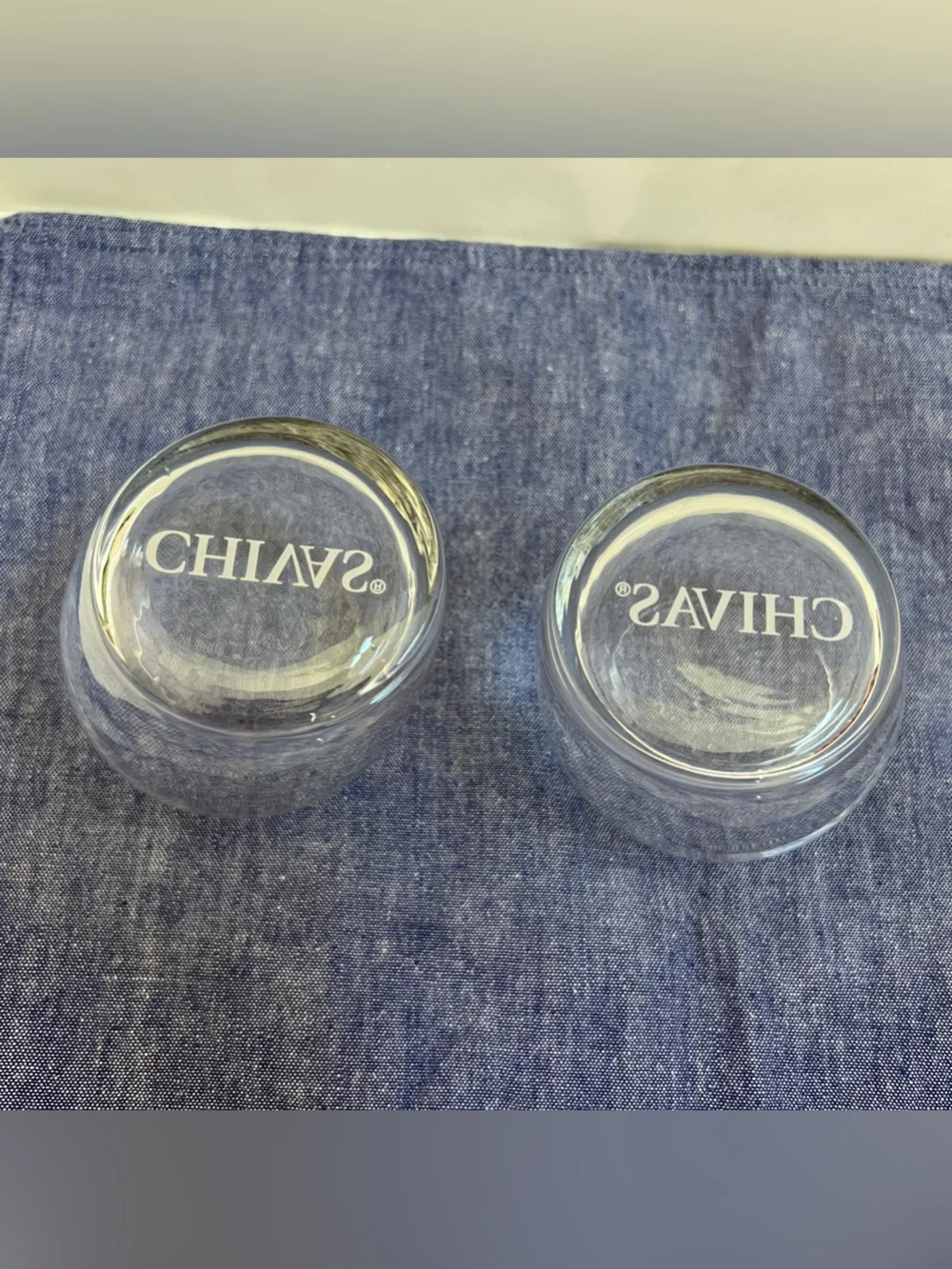 Whiskey Chivas Regal Scotch Set of 2 Rocks Lowball Glasses Slanted Tilted Etched